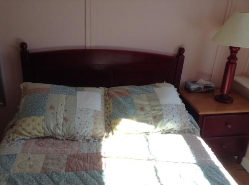 a bed with a quilt and a lamp on a table at Gîte Au Coin De La Berge in Perce