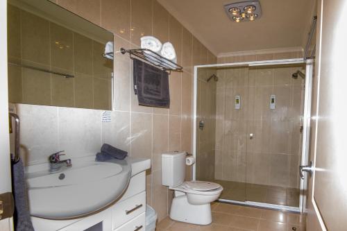 a bathroom with a toilet and a sink and a shower at Wollongong Surf Leisure Resort in Wollongong