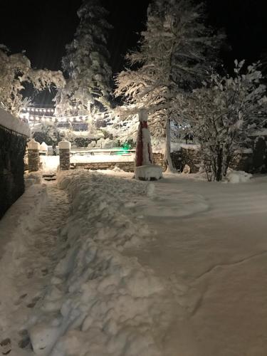 a snow man sitting in the snow at night at Garden Hotel Pasanauri since 1892 in Passanauri