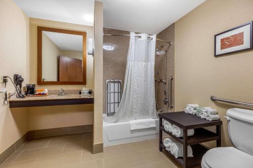 a bathroom with a shower and a toilet and a sink at Comfort Suites Pelham Hoover I-65 in Pelham