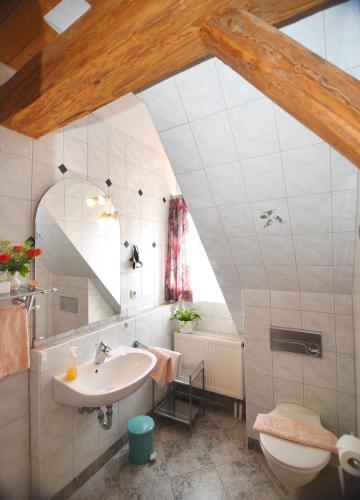 a bathroom with a sink and a toilet at Pension im Vorhof in Windelsbach
