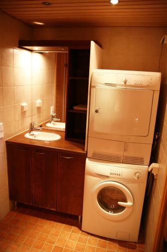 a small bathroom with a washing machine and a sink at Apartments Anna in Tahkovuori