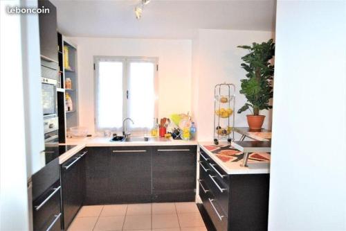 - une cuisine avec des placards noirs et un évier dans l'établissement Chambre d'Hôtes Proche de Disneyland et Pas Loin de Paris, à Bussy-Saint-Georges