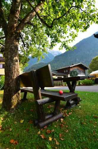 a park bench under a tree with a red ball on it at Haus Cäcilia in Sankt Martin bei Lofer