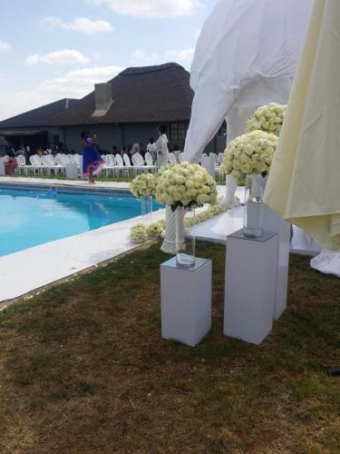 a bunch of white flowers in vases next to a pool at Vido Lodge and Conference Centre in Polokwane