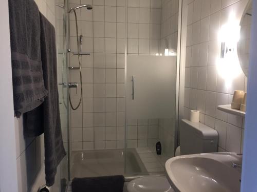 a bathroom with a tub and a sink and a toilet at Hotel Wuelfers Gasthaus in Groß Ippener