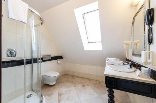 a bathroom with a shower and a toilet and a sink at Hotel St. Bruno in Giżycko