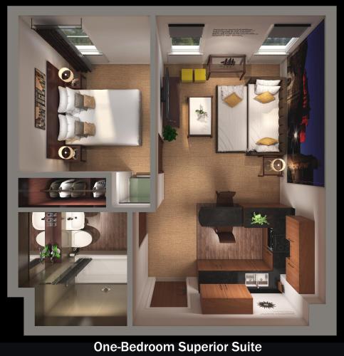 a floor plan of a one bedroom superior suite at Stewart by Heeton Concept - Aparthotel Edinburgh in Edinburgh