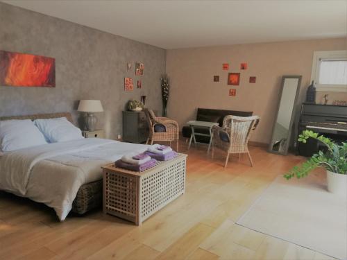 CabannesにあるLa Goutadouのベッドルーム1室(ベッド1台付)、リビングルーム(ピアノ付)