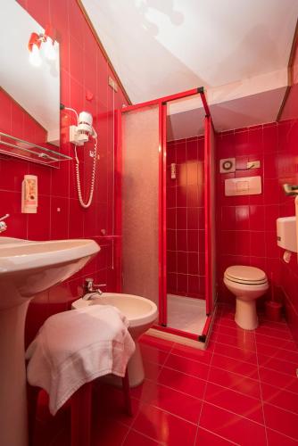 a red bathroom with a sink and a toilet at Locanda ai Dogi in Pieve di Cadore