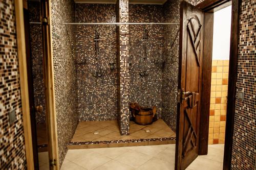 a walk in shower with a glass door in a bathroom at SPA HOTEL Gora in Bukovel