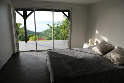 ein Schlafzimmer mit einem Bett und einem großen Fenster in der Unterkunft Caribbean Sea in Bouillante