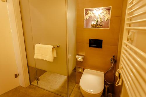 a bathroom with a toilet and a glass shower at Jurmala Golf Club&Hotel in Piņķi