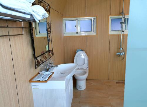 a bathroom with a toilet and a sink and a mirror at 深山林內民宿 in Zhushan