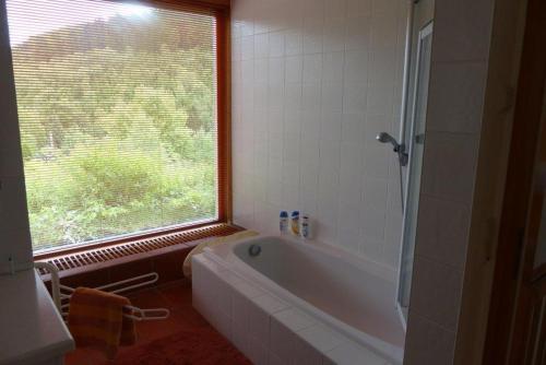 a bathroom with a bath tub and a window at Ferienhaus am Löffelberghüttchen in Gießübel