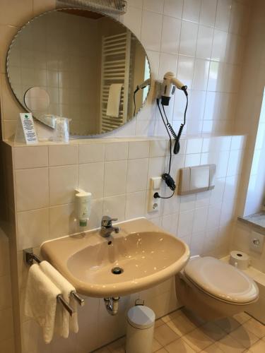 a bathroom with a sink and a toilet and a mirror at Hotel im Sonnental in Jachenau
