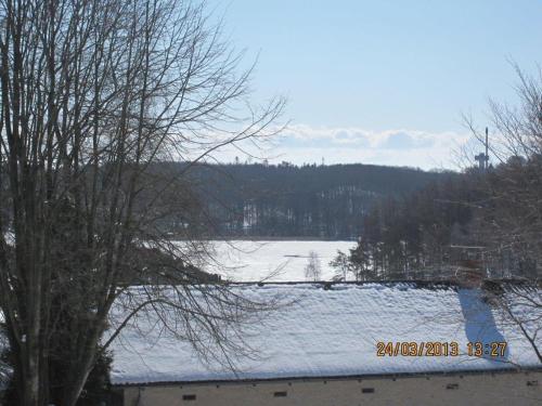 a view of a snow covered field with a lake at Hegedal Apartment in Hobro