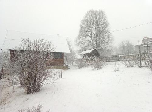 a snow covered yard with a house and a barn at Подина in Vorokhta