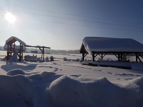 a field covered in snow with the sun in the background at Antonówka in Trybsz