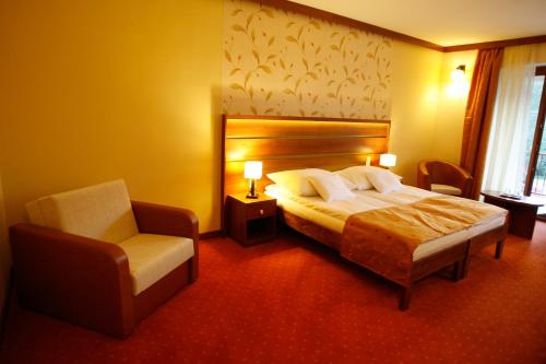 テルキバーニャにあるAranybánya Hotelのベッドと椅子のあるホテルの部屋