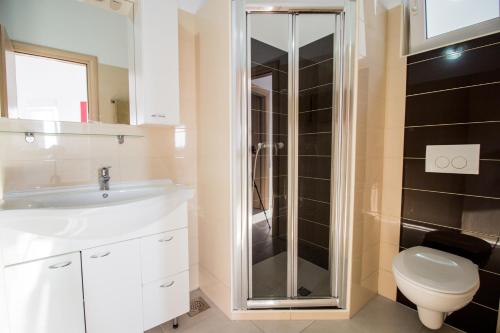 a bathroom with a shower and a sink and a toilet at Apartment Milka 1 in Njivice