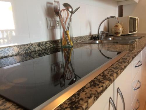 cocina con fregadero y encimera en Apartamentos Playa Torrenostra, en Torrenostra