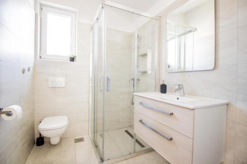 a bathroom with a shower and a sink and a toilet at Colic in Njivice