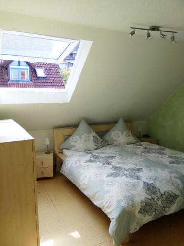 a bedroom with a bed and a skylight at Seeblick Imperia in Konstanz