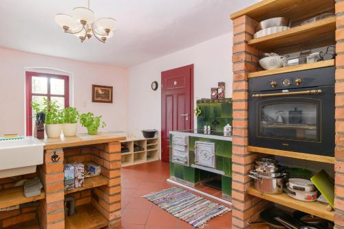 a living room with a fireplace and a tv at Rokitnica 37 in Niesulice
