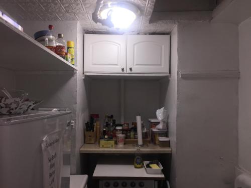 a small kitchen with white cabinets and a refrigerator at Illumination Bed & Breakfast in Brooklyn