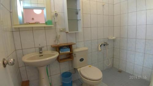 La salle de bains est pourvue de toilettes et d'un lavabo. dans l'établissement Happy Come To B&B, à T'ai-pin-ts'un