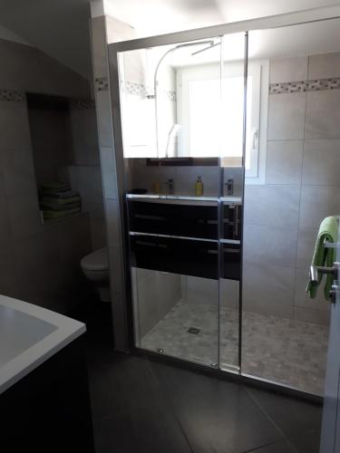 une salle de bain avec un lavabo et une douche avec un miroir dans l'établissement La Fenière, à Sault