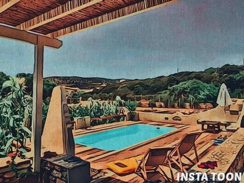 a painting of a resort with a swimming pool at seaside Ktima KaParos PAROS in Drios