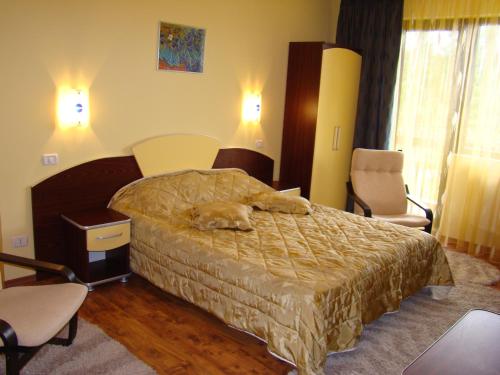 a bedroom with a bed with a dog laying on it at Complex Turistic Le Baron in Vatra Dornei