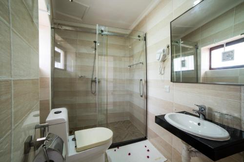 a bathroom with a shower and a toilet and a sink at Antonio Garden Hotel in Zanzibar City