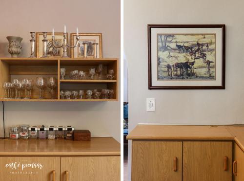 two pictures of a kitchen with a counter and a cabinet at A Tuscan Villa Guest House in Fish hoek