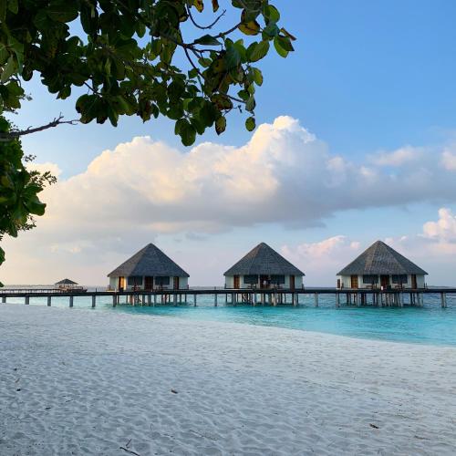 a group of bungalows in the water on a beach at Adaaran Prestige Water Villas - with Dine around Premium All inclusive - 24 hours in Raa Atoll