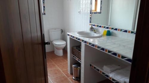 a bathroom with a sink and a toilet and a mirror at Agroturismo la finka in Los Quiles