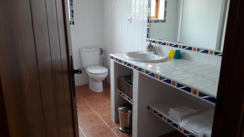 Un baño con lavabo, inodoro y espejo. en Agroturismo la finka, en Los Quiles