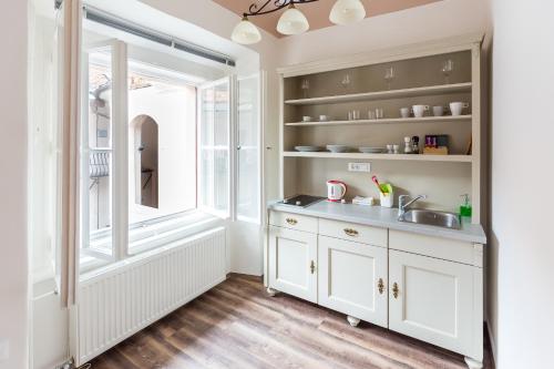 a kitchen with a sink and a window at Barbo Palace Apartments and Rooms in Ljubljana