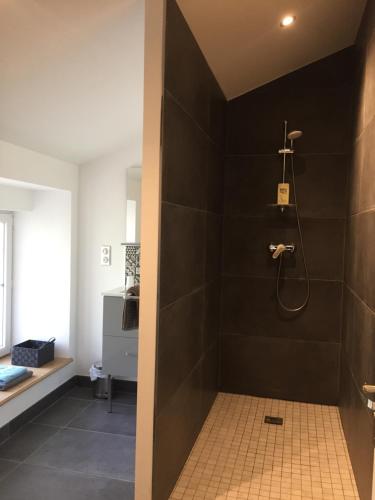 uma casa de banho com um chuveiro e uma parede preta em Gîte des Charmilles /La Maison des Gardes em Cluny