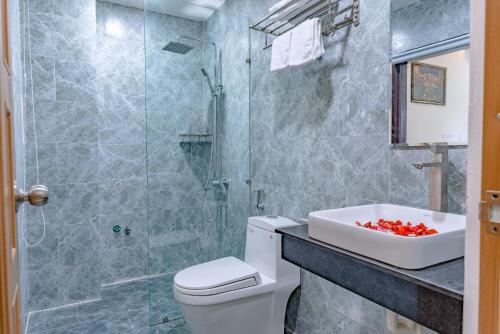 a bathroom with a sink and a toilet and a shower at Little Boss Homestay in Hoi An