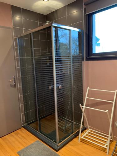 a shower with glass doors in a room with a window at Lumineux T2B a Mont de Marsan in Mont-de-Marsan