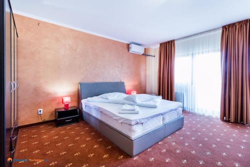 a bedroom with a large bed and a large window at Monte Carlo Reghin in Reghin