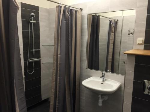 y baño con lavabo y ducha con espejo. en Malmköpings Bad & Camping, en Malmköping