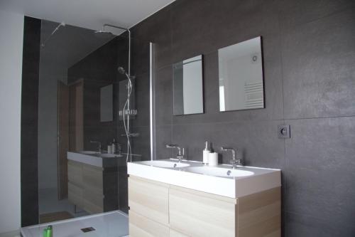 a bathroom with two sinks and a shower and mirrors at Gîte du Lac in Fosses-La-Ville