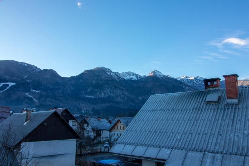 a view of a town with mountains in the background at Apartments & Rooms Pr' Skalovc in Bohinj