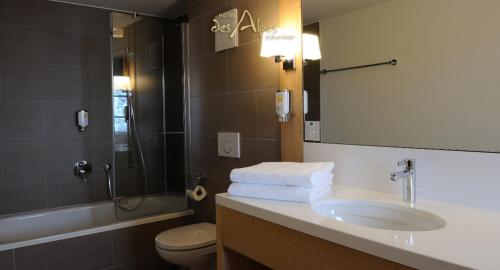 La salle de bains est pourvue d'un lavabo, de toilettes et d'un miroir. dans l'établissement Hotel des Alpes Superieur, à Gstaad