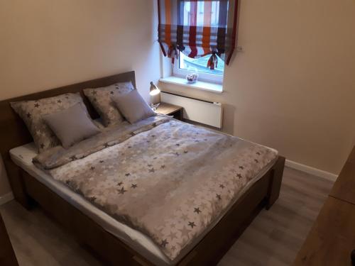 a large bed in a bedroom with a window at Apartament Natalia in Polanica-Zdrój