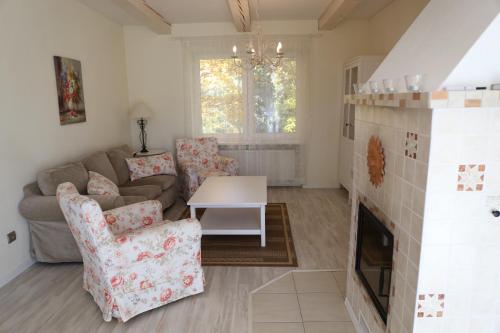 a living room with a couch and a fireplace at Apartmánový dom Harmónia in Modra